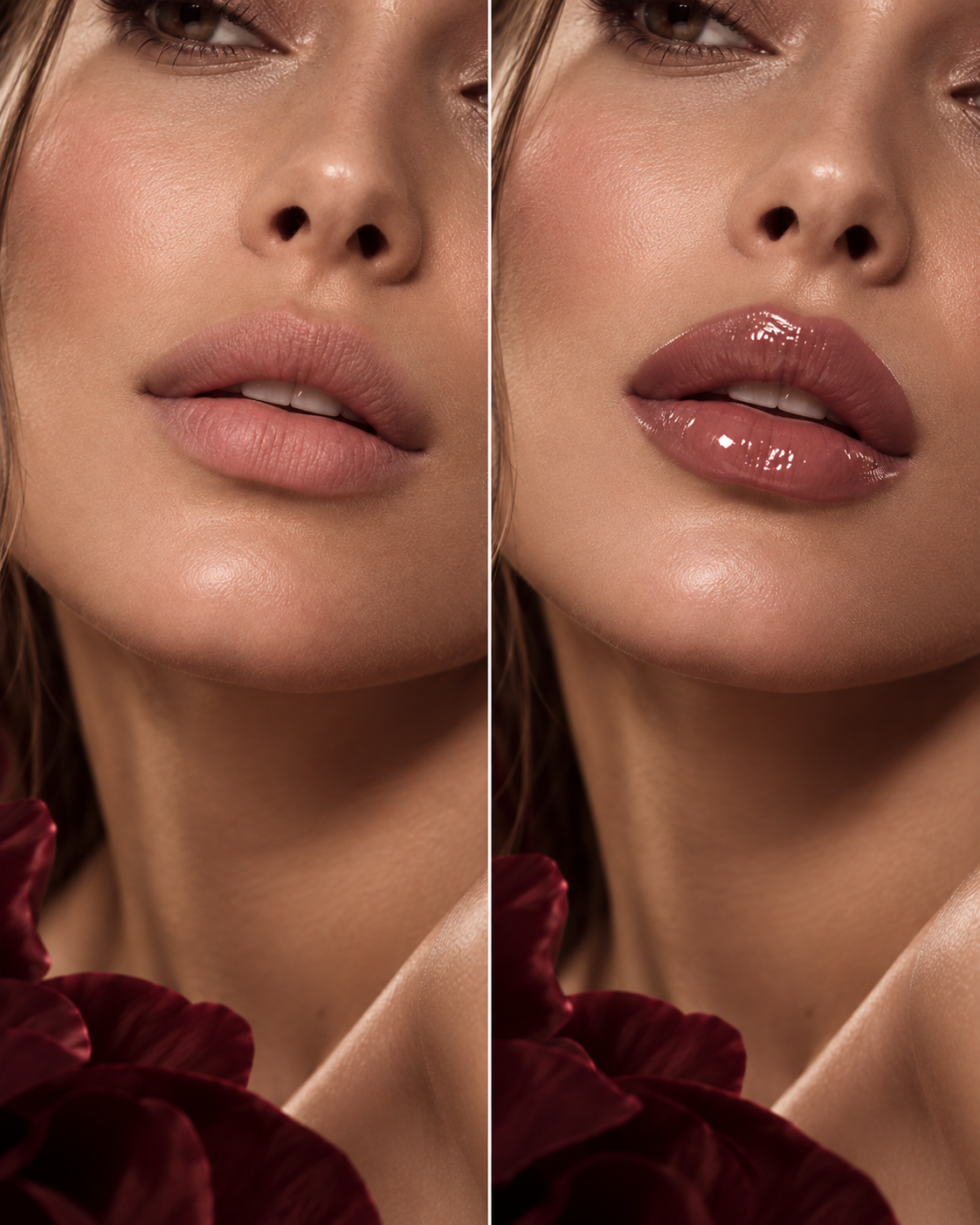 Before and after lip transformation with a glossy berry nude finish