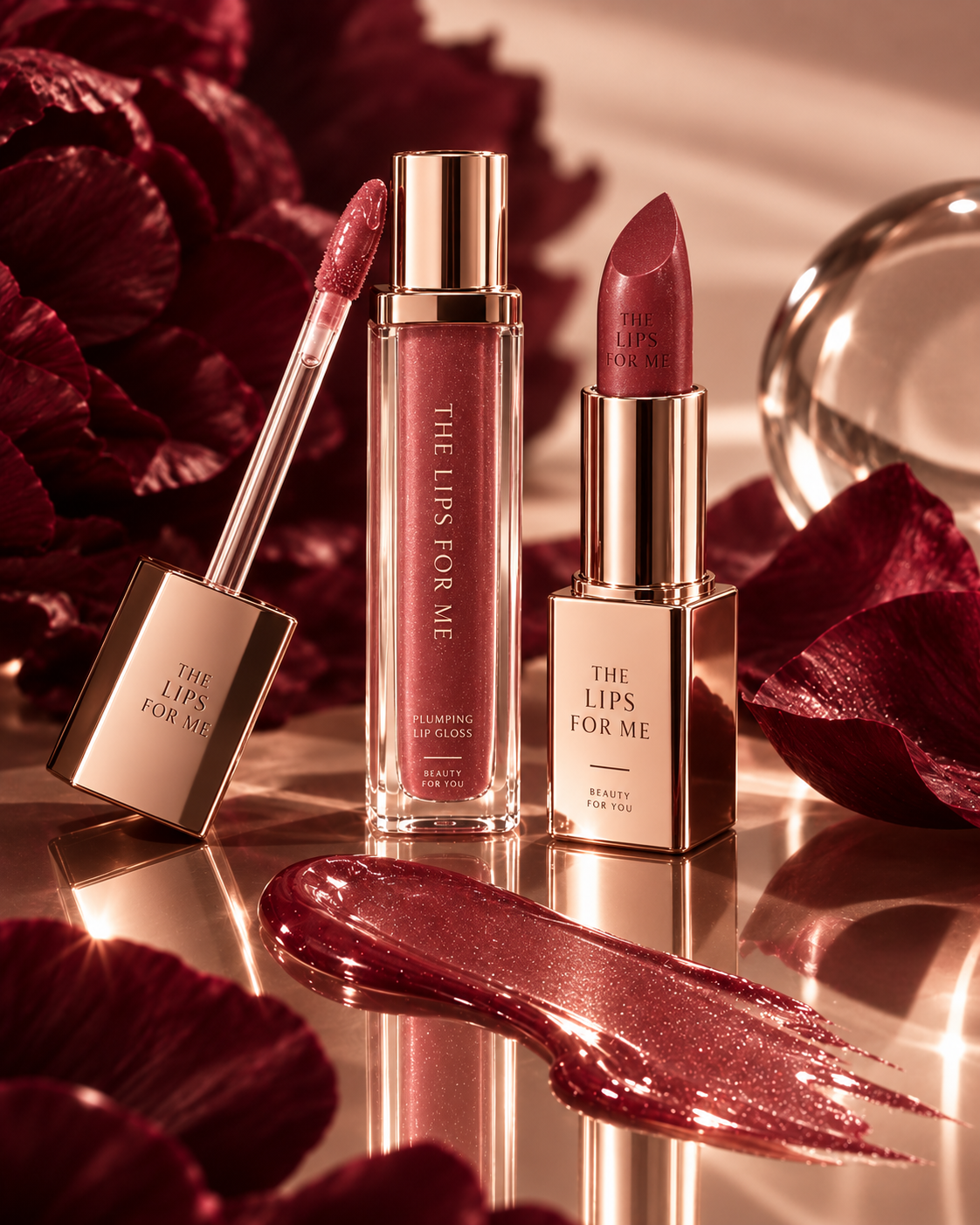 The Lips For Me branded lipstick and lip gloss in a luxury berry and rose gold still life
