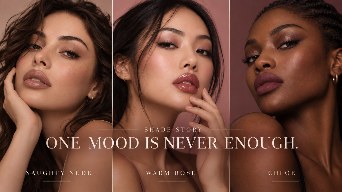 Three editorial lip looks inspired by The Lips For Me shades Naughty Nude, Warm Rose, and Chloe